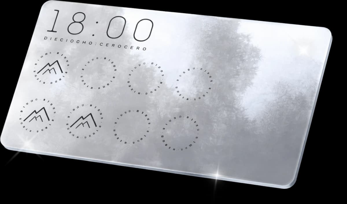 Tarjeta de membresía del Club 1800: acabado metalizado con la hora 18:00 y la marca de montaña